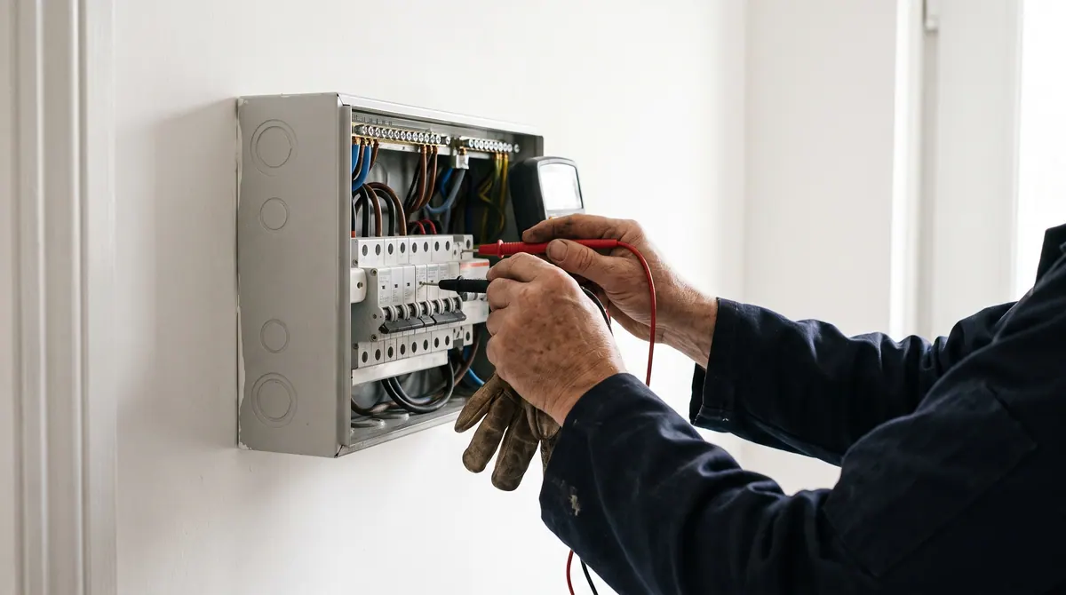Mains d'un électricien contrôlant un tableau électrique au multimètre
