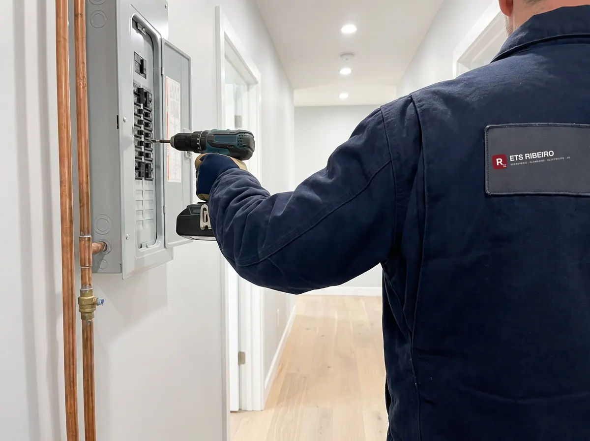 Technicien ETS Ribeiro devant un tableau électrique
