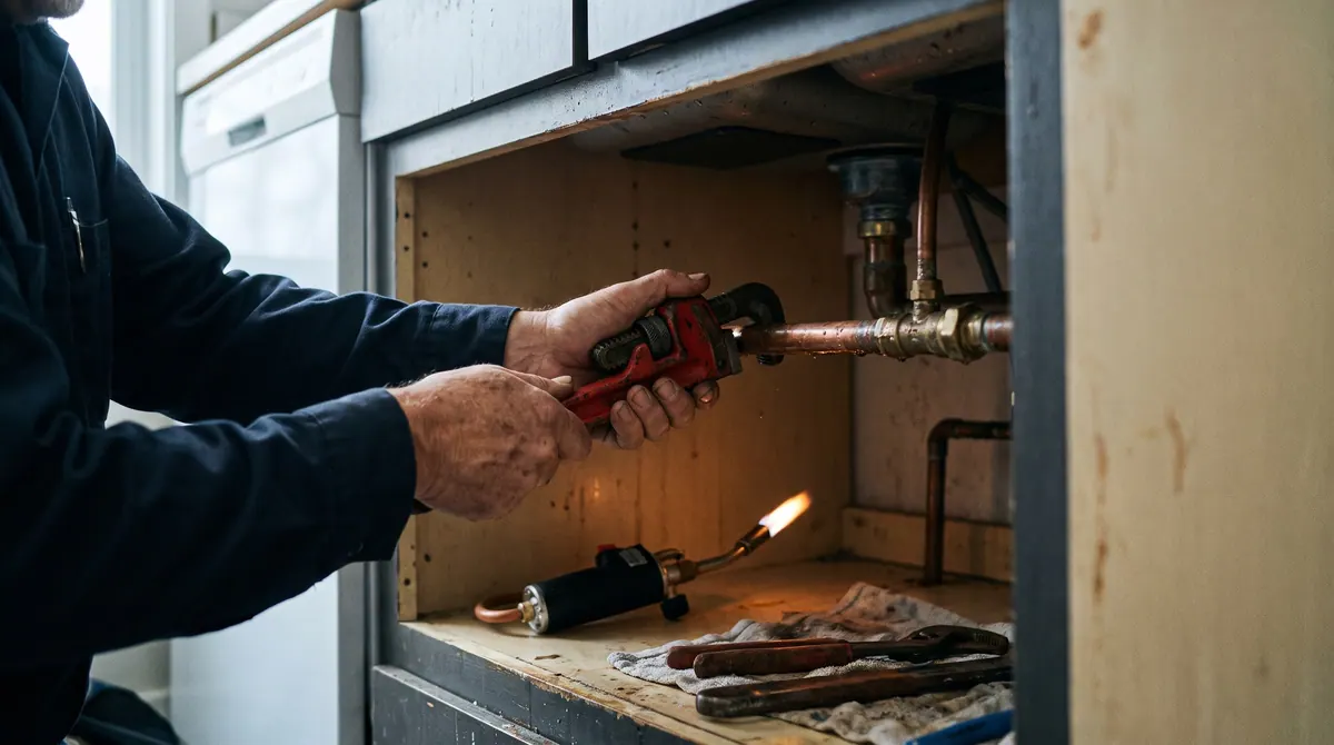 Mains d'un plombier serrant un raccord de cuivre sous un évier