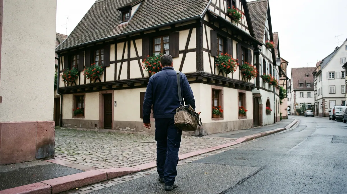 Artisan partenaire ETS Ribeiro devant une maison à colombages alsacienne