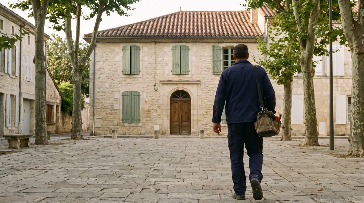 Artisan partenaire ETS Ribeiro devant une maison de pierre blonde d'une bastide du Lot-et-Garonne