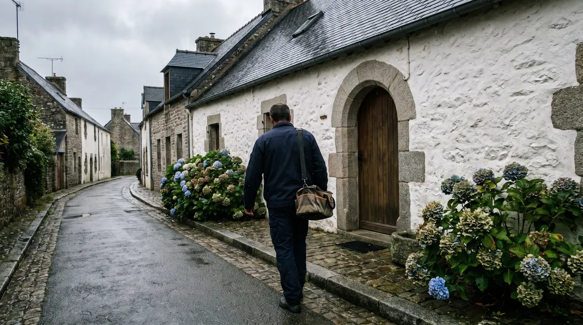 Artisan partenaire ETS Ribeiro devant une maison de pierre à toit d'ardoise, dans l'Ouest