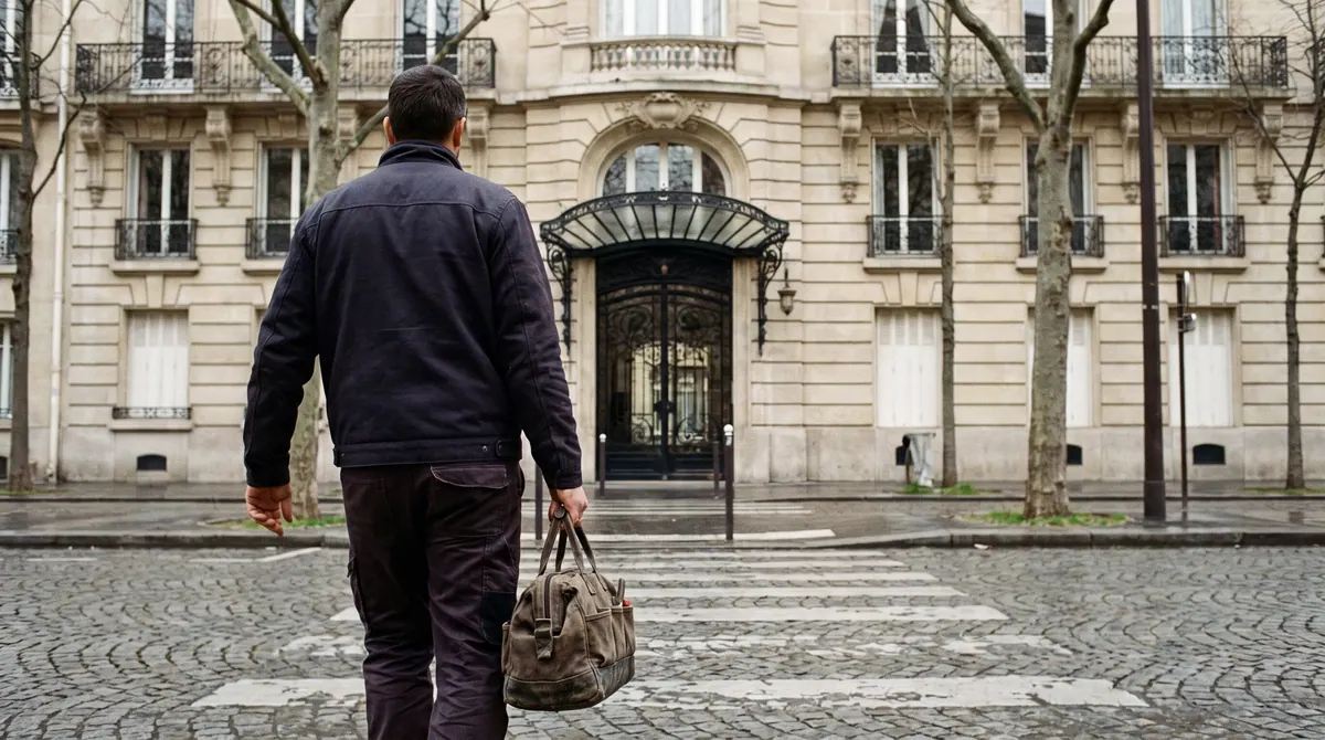 Artisan partenaire ETS Ribeiro devant un immeuble haussmannien parisien