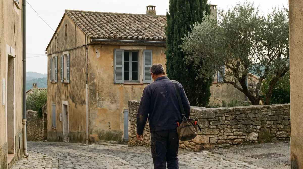 Artisan partenaire ETS Ribeiro devant une maison ocre aux volets pastel, sur la Côte d'Azur
