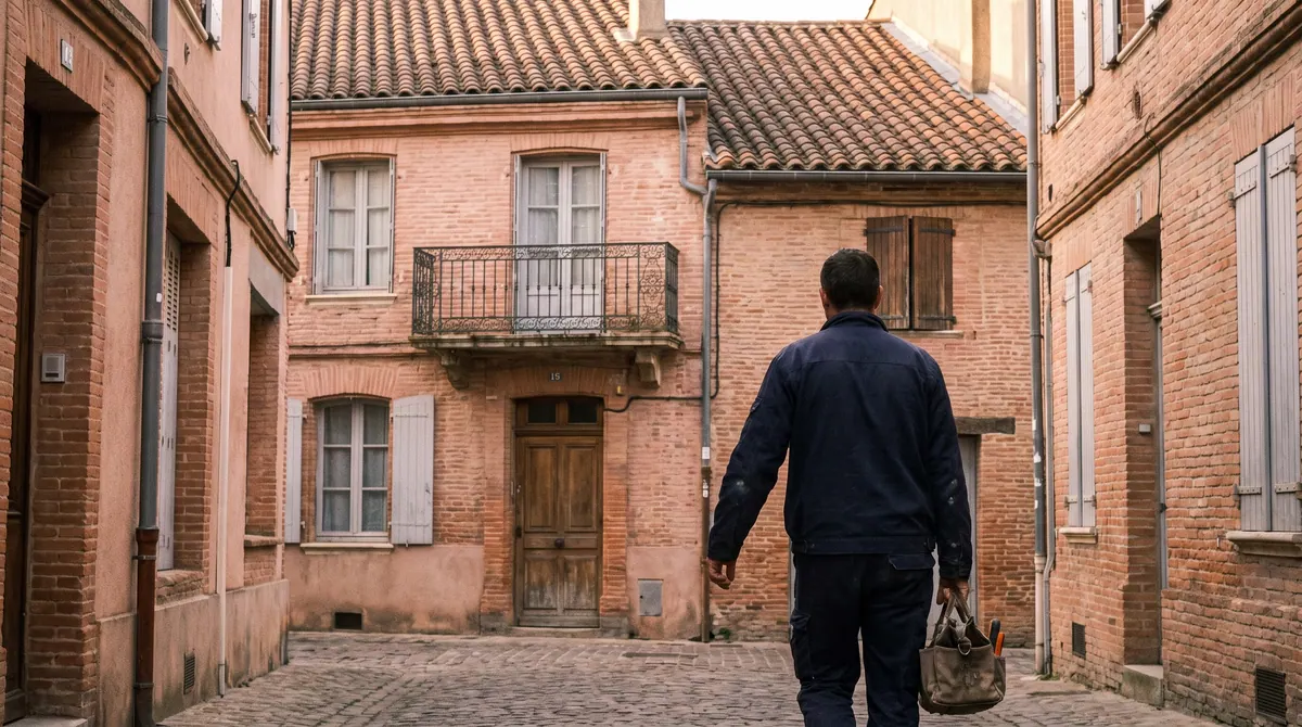 Artisan partenaire ETS Ribeiro devant une façade de brique rose toulousaine